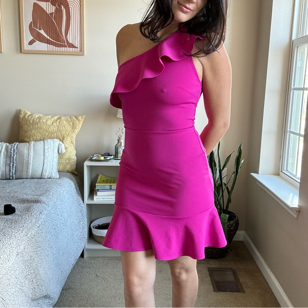 Pink Aqua one shoulder midi dress with ruffle detailing- size S